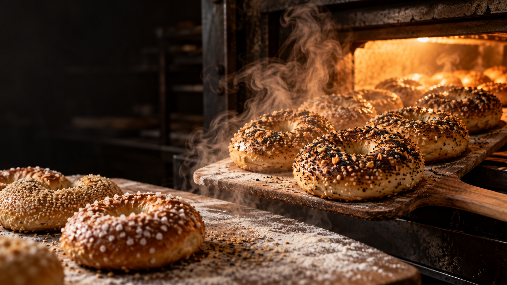 Illustrative photo of fresh everything bagels coming out of a bakery oven