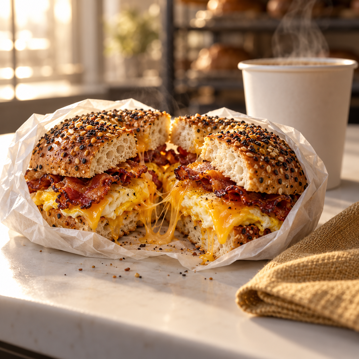Illustrative photo of a bacon egg and cheese bagel in deli paper with coffee